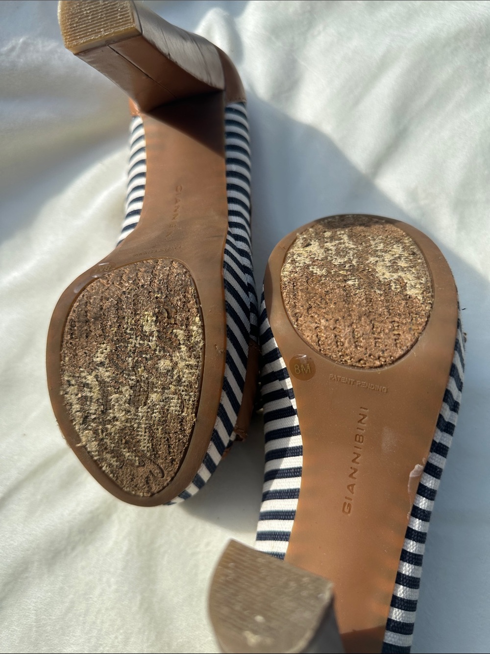 Gianni Bini Navy and White Striped Peep-Toe Heels with Tan Trim - Picture 8 of 8